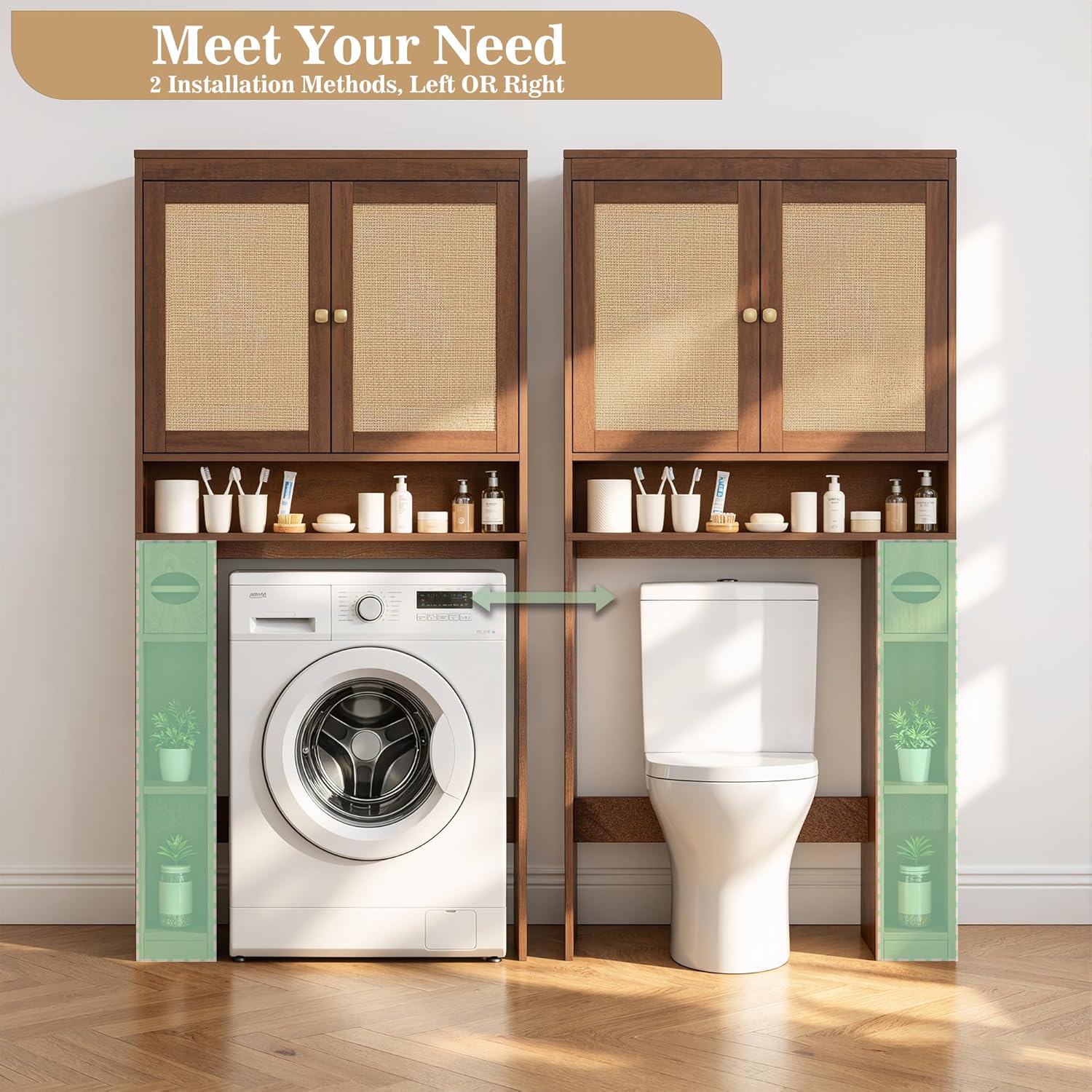 Over The Toilet Storage Cabinet Bathroom Shelf Over Toilet Bathroom Organizer Space Saver Rack with Adjustable Shelf (Brown- Yellow, Rattan Style)