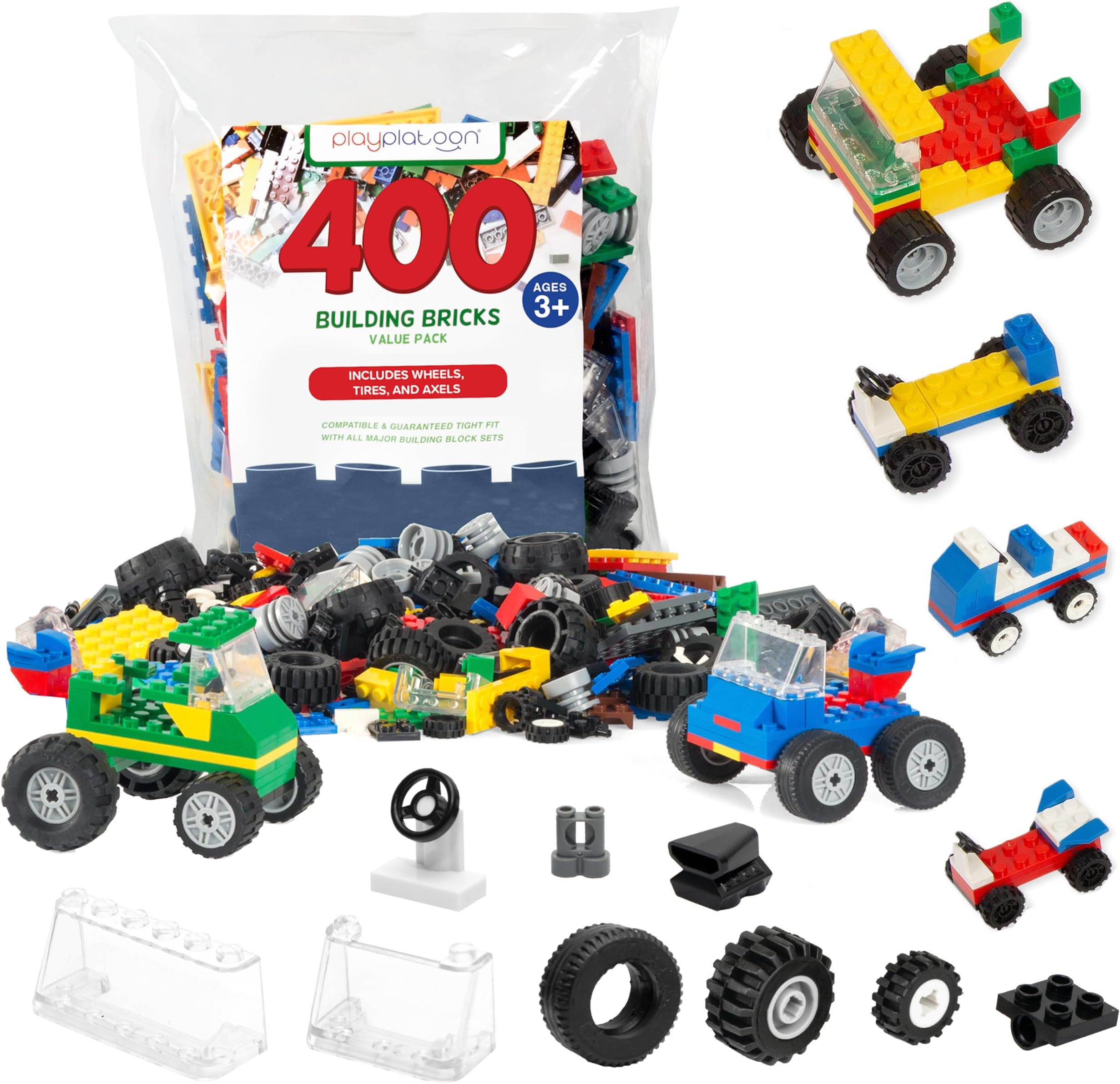 400 Piece Wheels and Axles Sets, Building Bricks Car Parts and Pieces Kit - Car Building Set with Wheels, Axles & Windshields and Bonus Bricks