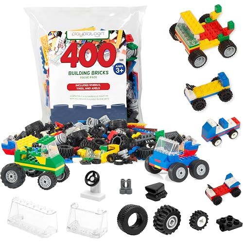 Barcaloo 400 Piece Wheels and Axles Sets, Building Bricks Car Parts and Pieces Kit - Car Building Set with Wheels, Axles & Windshields and Bonus Bricks