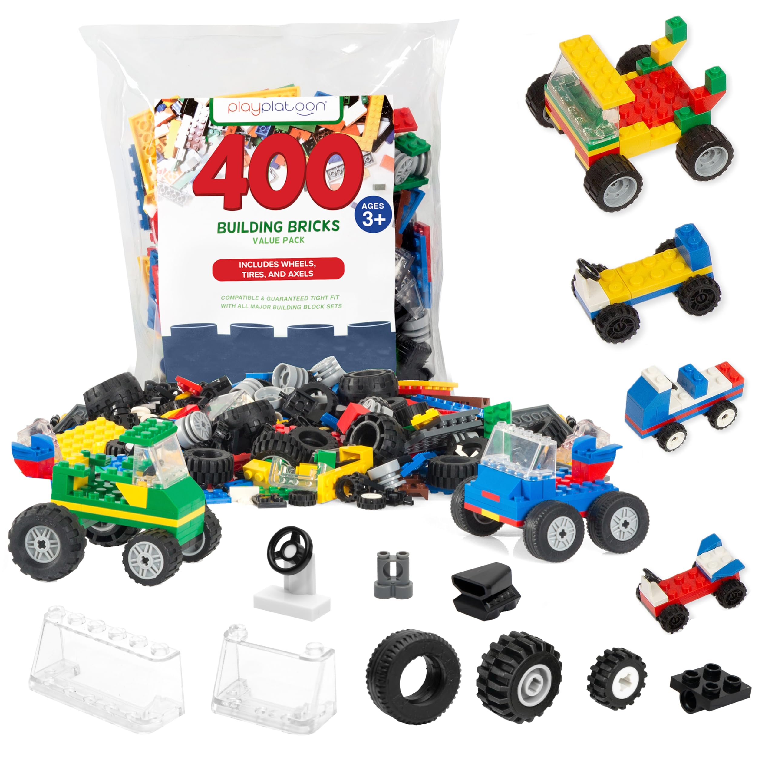 Barcaloo 400 Piece Wheels and Axles Sets, Building Bricks Car Parts and Pieces Kit - Car Building Set with Wheels, Axles & Windshields and Bonus Bricks