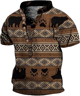 HUNUBU Short Sleeve Button Up Shirts for Men, Tunic Cool Shirts Men Work Summer Short Sleeve Funny Zipu Shirt Polyester Cozy V Neck Printing Tshirt Man Brown