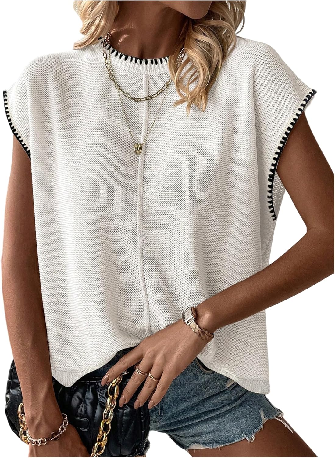 WDIRARA Women's Crew Neck Cap Sleeve Sweater Vests Colorblock Pullover Knit Top