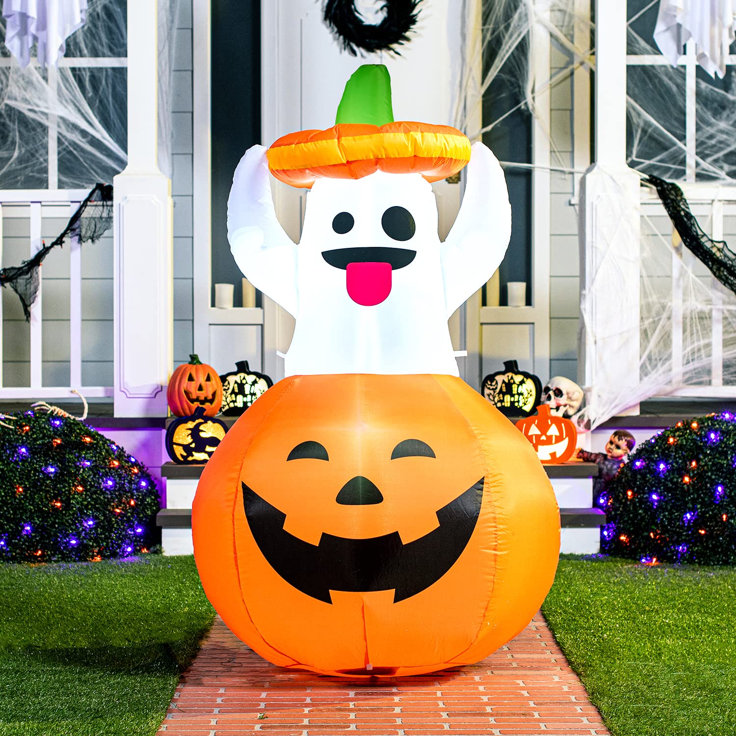 Joiedomi 1,52 m Halloweenowe nadmuchiwane dekoracje z duchem na zewnątrz, nadmuchiwane dekoracje ogrodowe w kształcie dyni, nadmuchiwany duch z diodami LED na uroczą dekorację na Halloween