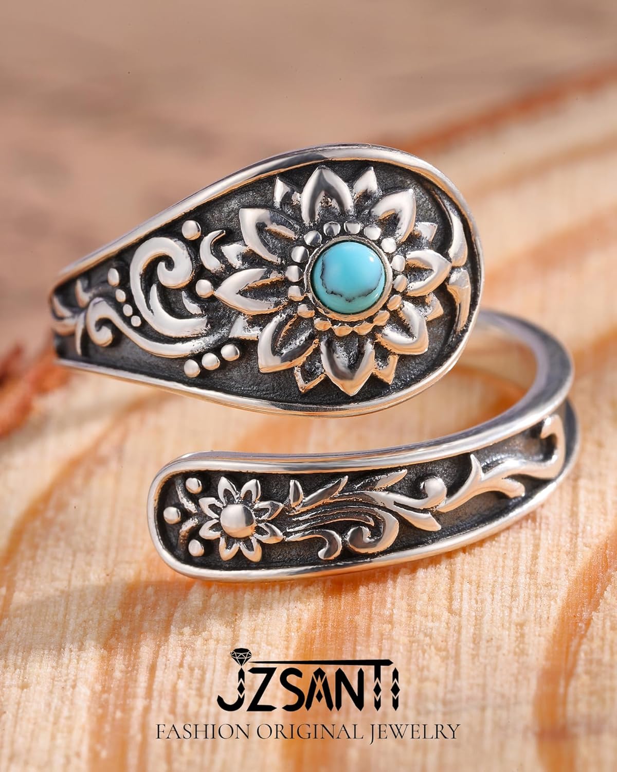 Turquoise Jewelry for Women - Sterling Silver Turquoise Rings Vintage Adjustable Sunflower Dragonfly Butterfly Spoon Ring Victorian Style Boho Antique Flower Thumb Statement Rings Jewelry Gifts for Women - Image 2