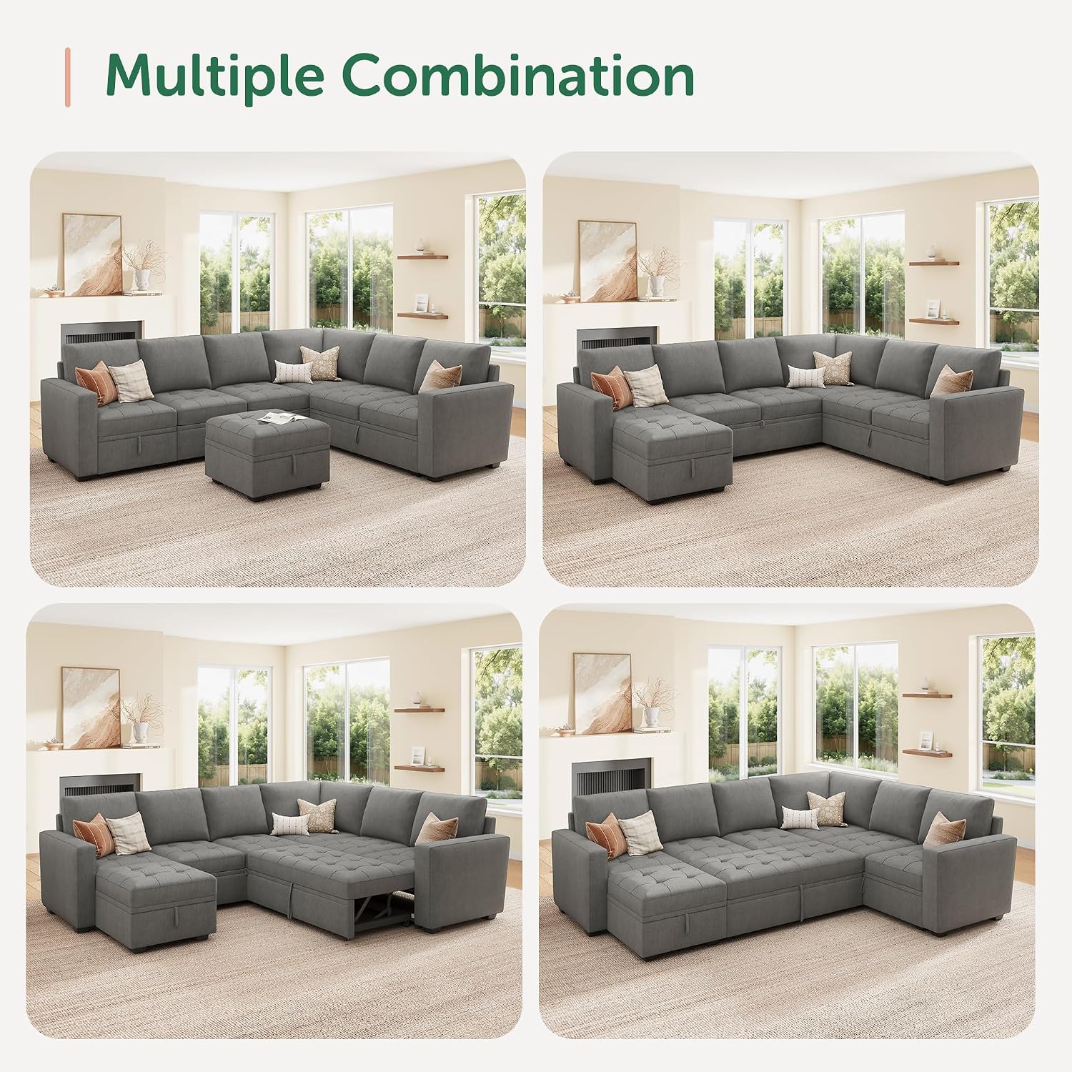 HONBAY Modular Sectional Couch Pull-Out Bed Storage U-Shaped Warm Grey