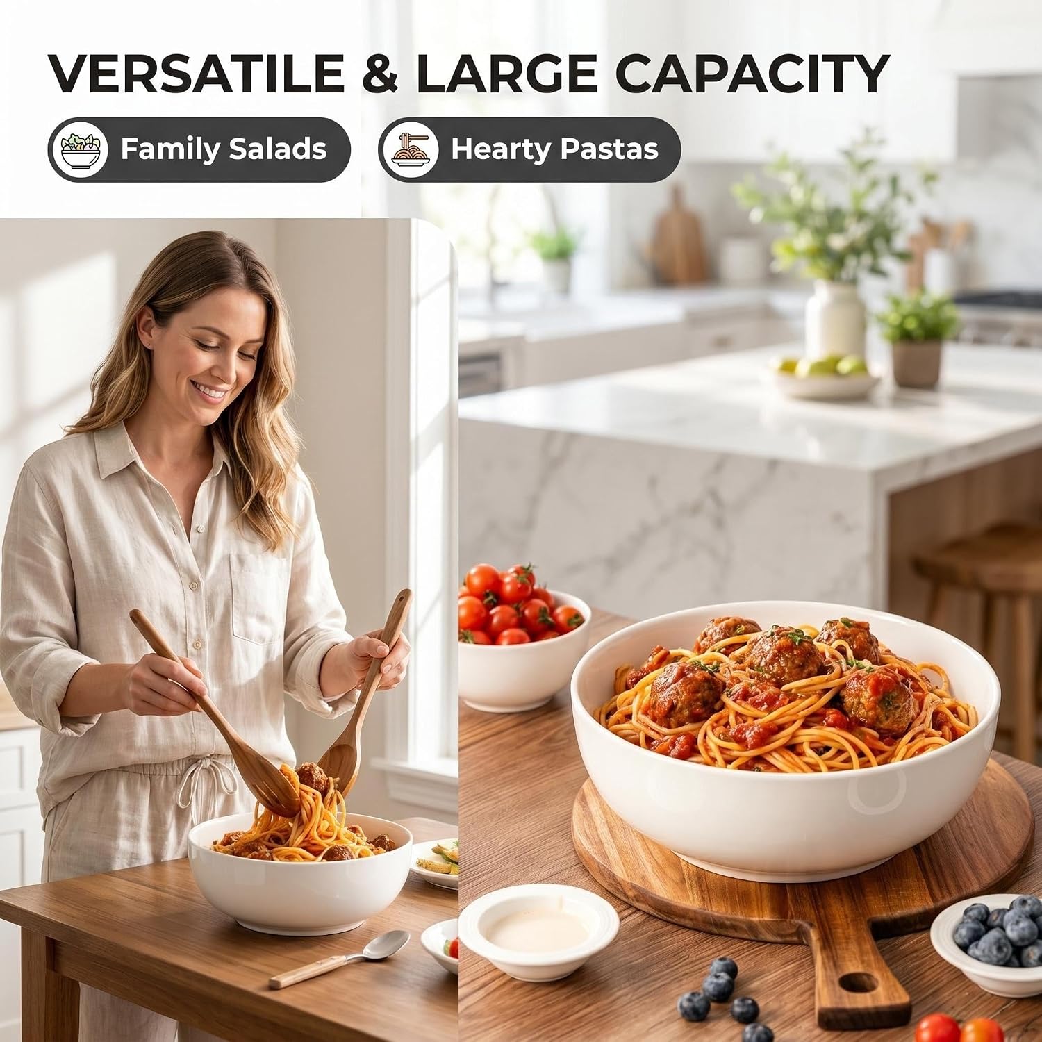 Serving Bowls Set of 2, 101 oz Large White Pasta Bowls, 10 Inch Ceramic Salad Bowls for Soup, Fruit and Pasta, Large Serving Bowls for Party and Entertaining