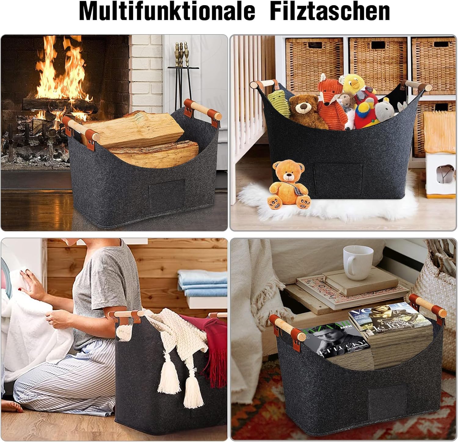 Borsa Portalegna In Feltro XL 50x42x30cm - Cesto Multiuso Con Tasche Per Camino