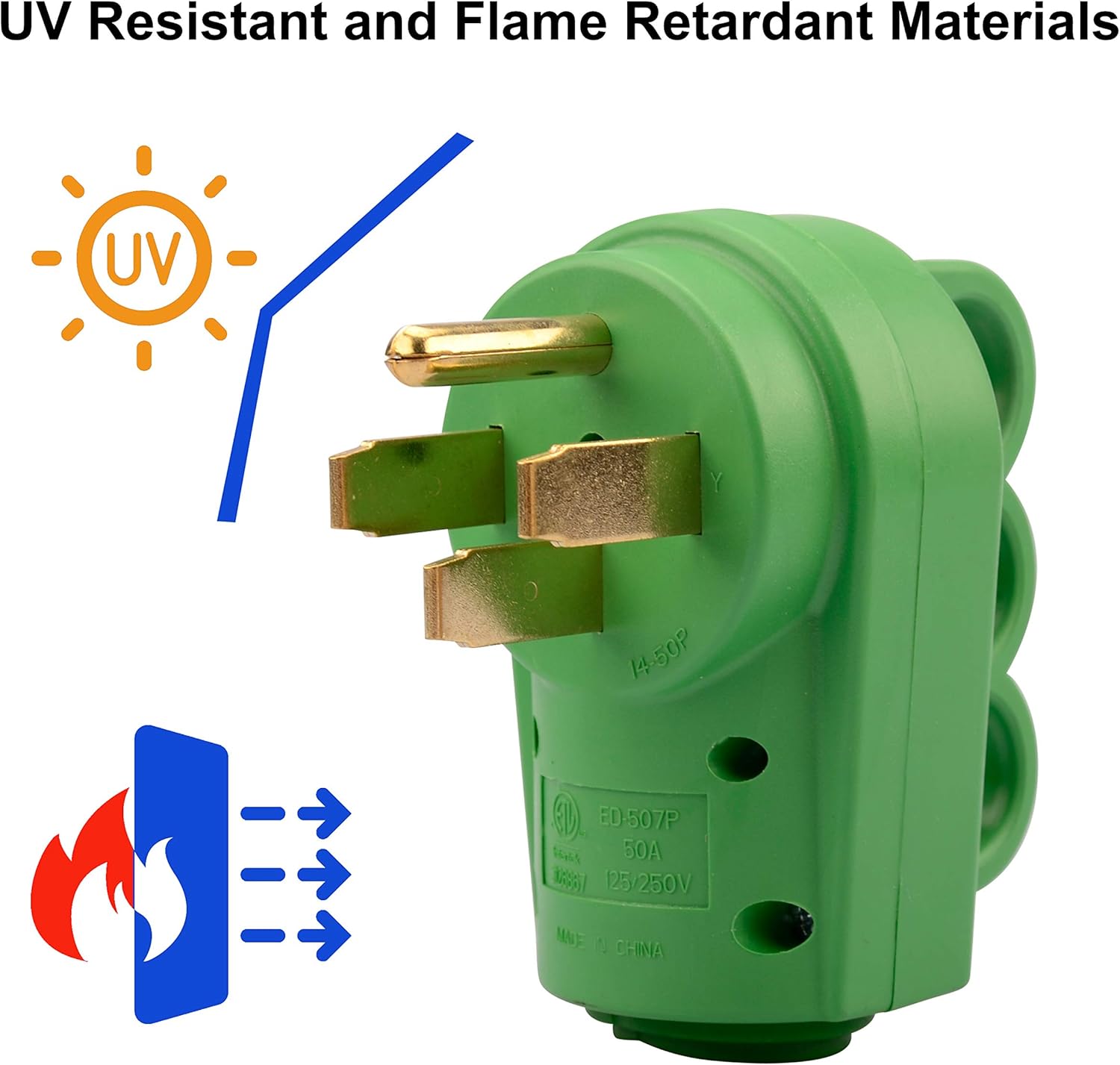 RVGUARD NEMA 14-50P RV Replacement Male Plug, 125/250V 50 Amp with Disconnect Handle, Green - - 