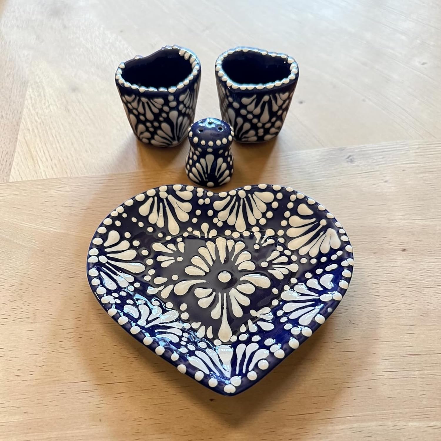 Talavera Tequila Shot Glass Set 4 Piece Heart Shape – Mexican Pottery Tequileros Plate Salt Shaker Gift Set (Blue)