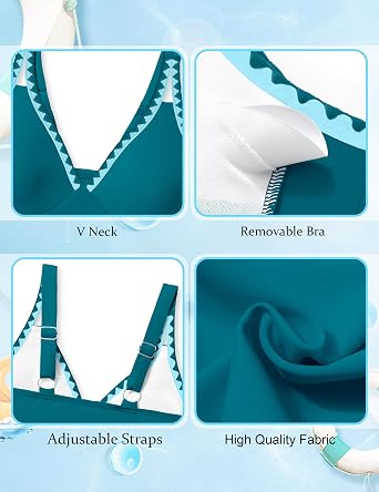 Girls Swimsuit V-Neck Shell Stitched Solid Color High Waisted 3 Piece Bathing Suit Bikini with Cover Up 9-16T