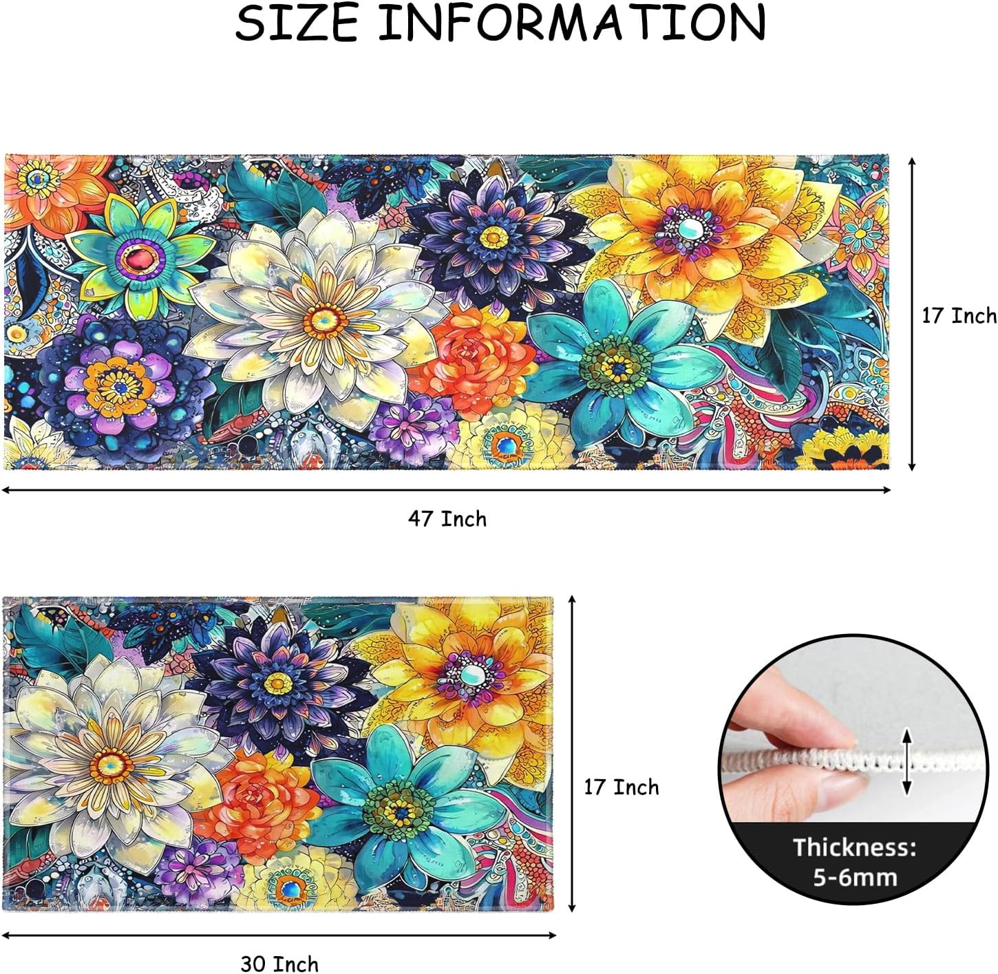 Boho Floral Kitchen Rugs Sets of 2 Non Slip Spring Summer Colorful Mandala Flowers Kitchen Mats for Floor with Rubber Backing Washable Kitchen Runner Rug Carpet 17"x47"+17"x30" for Hallway Laundry