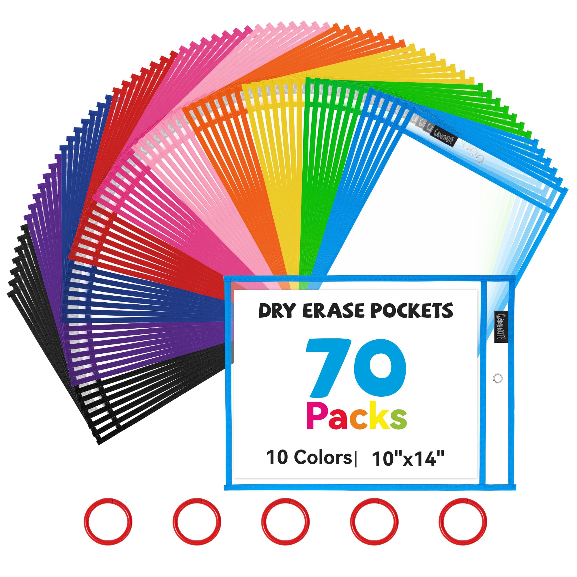 GAMENOTE 70 Pack Dry Erase Pockets, 10x14 Reusable Sleeves, 10 Colors