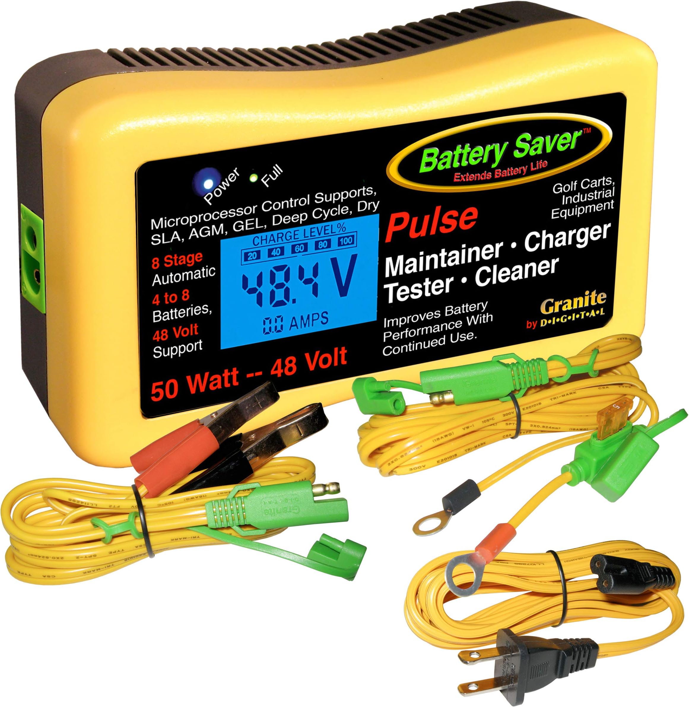 Battery SaverPremium 48 Volt 50W Pulse Charger, Maintainer & Tester (Gen. 3), Yellow, Black (2365L-48-G3)