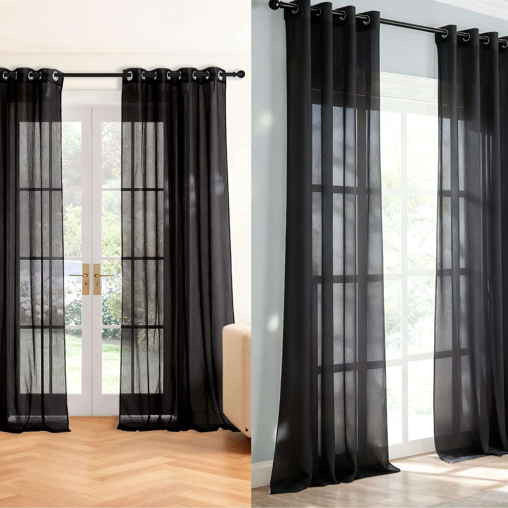 Cortinas Salon Modernas 340 x 260 cm con Ojales Dormitorio Translúcidas Visillos Paneles Translucido Moderno para Sala Cuarto Dormitorio Comedor Cocina Salón, Negro