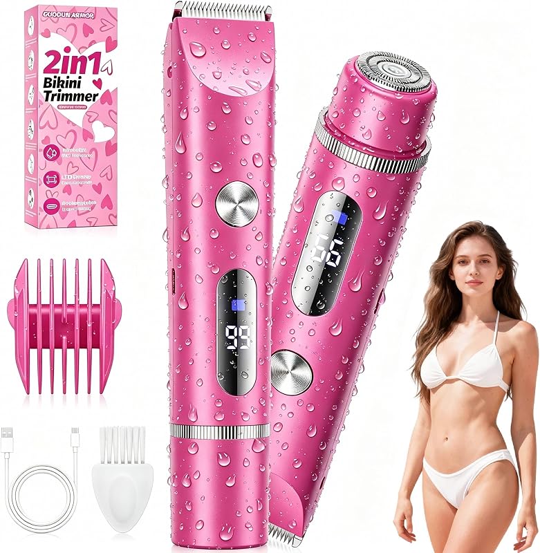 Aparador elétrico feminino GUODUN ARMOR 2 em 1 para virilha, pernas, axilas e rosto, lâmina de cerâmica, IPX7, recarregável via USB-C, rosa