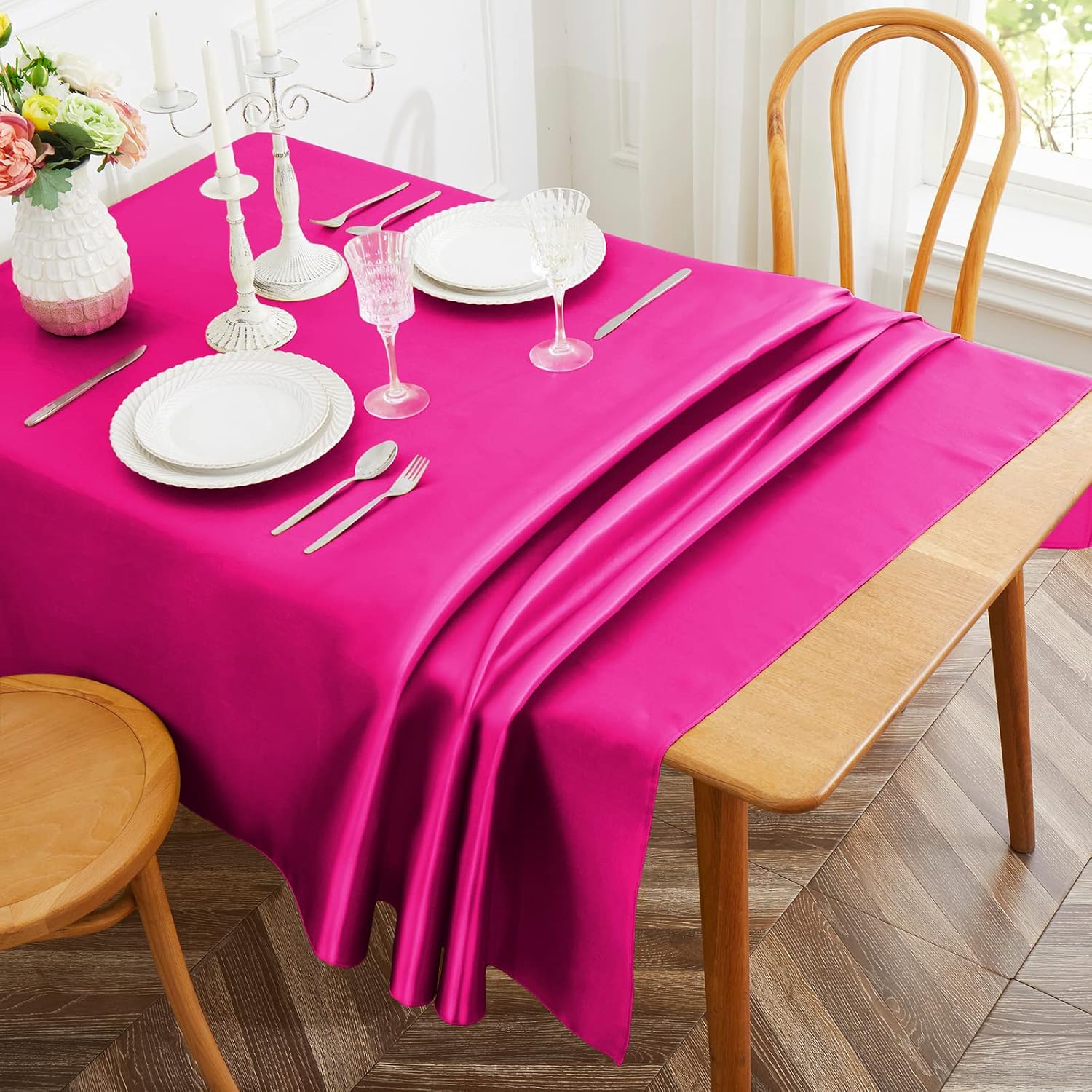 Cobedzy 1 Pack Hot Pink Satin Tablecloth, 58 x 102 Inches
