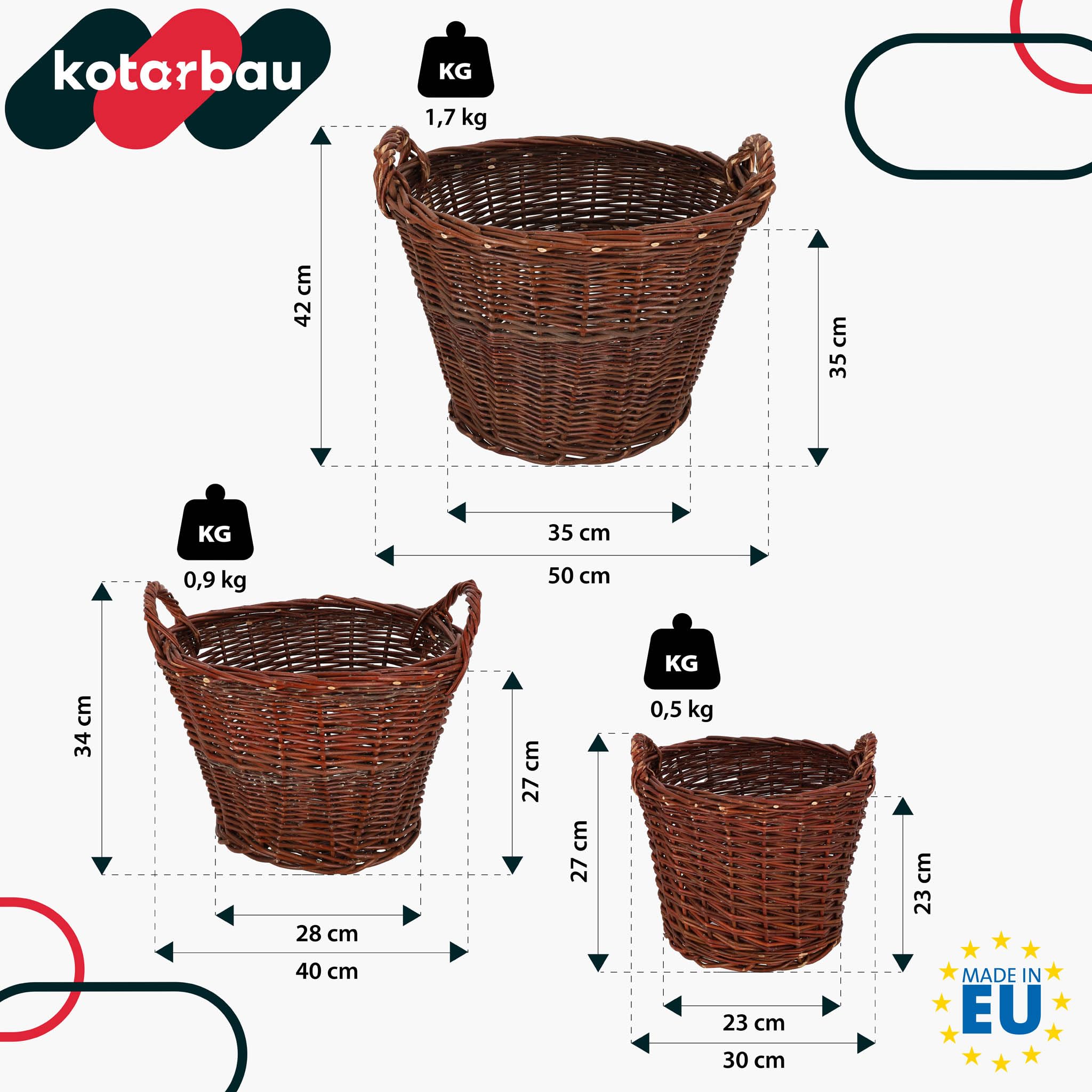 KOTARBAU® 3er Set Weidenkorb mit Griffen - ø 30 cm/ø 40 cm/ø 50 cm - Blumen Korb - Aufbewahrung von Spielzeug - Holzkorb für Kaminholz - Erntekorb aus Weide - Aufbewahrungskörbe - Braun
