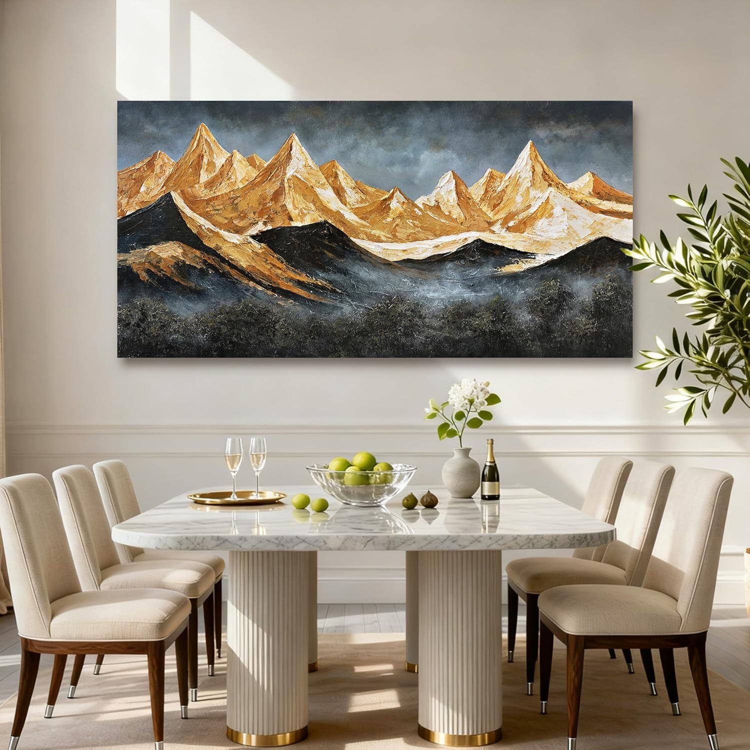 YETHEN WAL Extra-Wide Gold Mountain Wall Art – Oversized Panoramic Landscape Canvas, Textured Mountain Scenery for Living Room Bedroom Office, 29×58 Inch