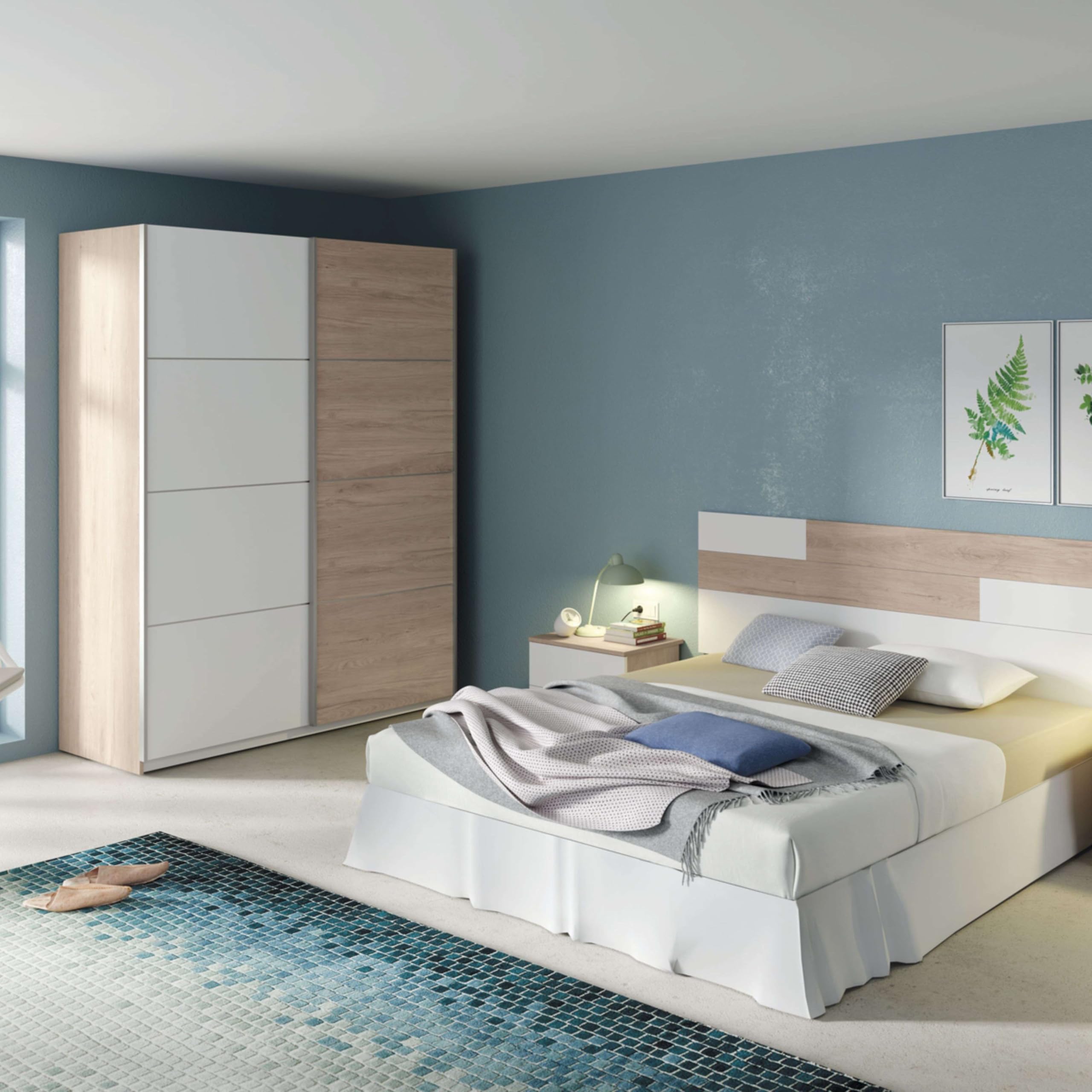 MUEBLES PITARCH | Armario Dormitorio Ropero 2 Puertas Correderas Perfil Aluminio 2 Barras, Blanco y Roble Aurora, 200x150x62cm (Alto x Ancho x Fondo), Moderno, Modelo Onix