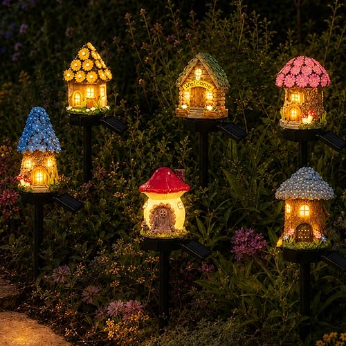 6 Pack-Solar Lights Outdoor, Mushroom Fairy House Stake Lights, Waterproof