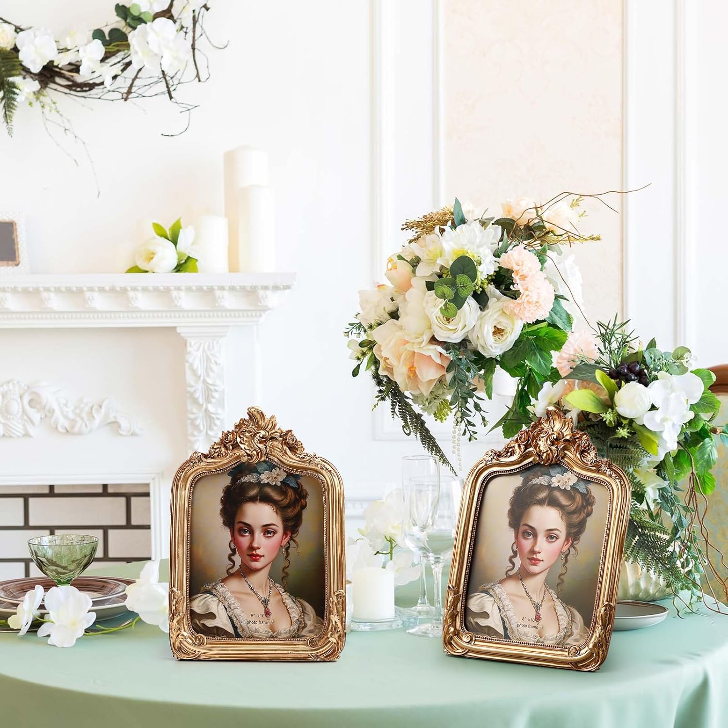 Geelin 2 Pcs 8 x 10 Inches Victorian Gold Frame Baroque Ornate Rectangle Antique Vintage Photo Picture Frame with Backboard Glass Front for Desktop Display Wall Hanging Wedding Bridal Shower (Fashion)