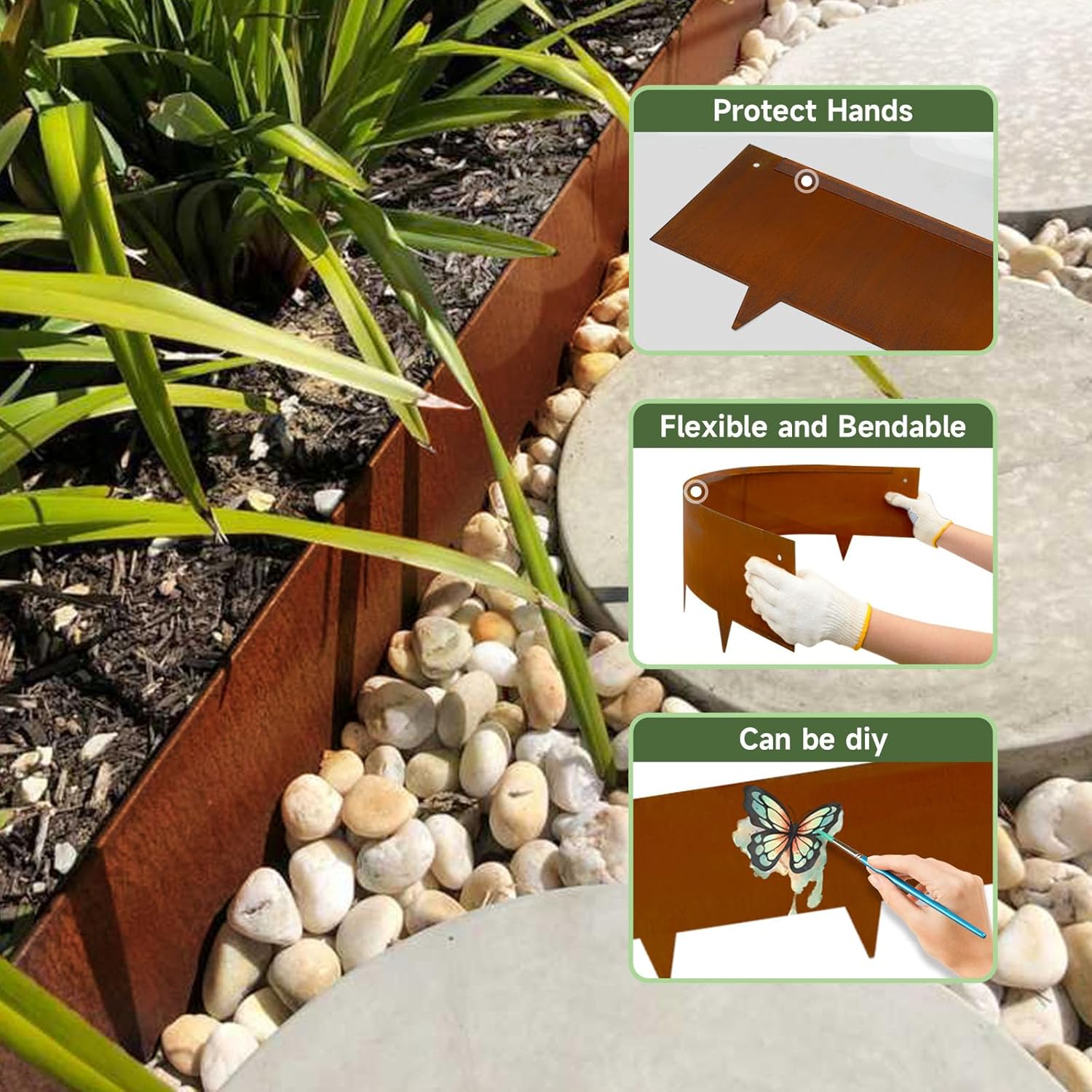 Corten Steel Landscape-40 LX 6" H Metal Garden Edging 20FT Total Rusted Lawn Edging 6 Pcs-No-Dig Hammer Heavy Duty Steel Edging-Bendable Border Strips for Lawn Yard Courtyard Pathway-6 Clips