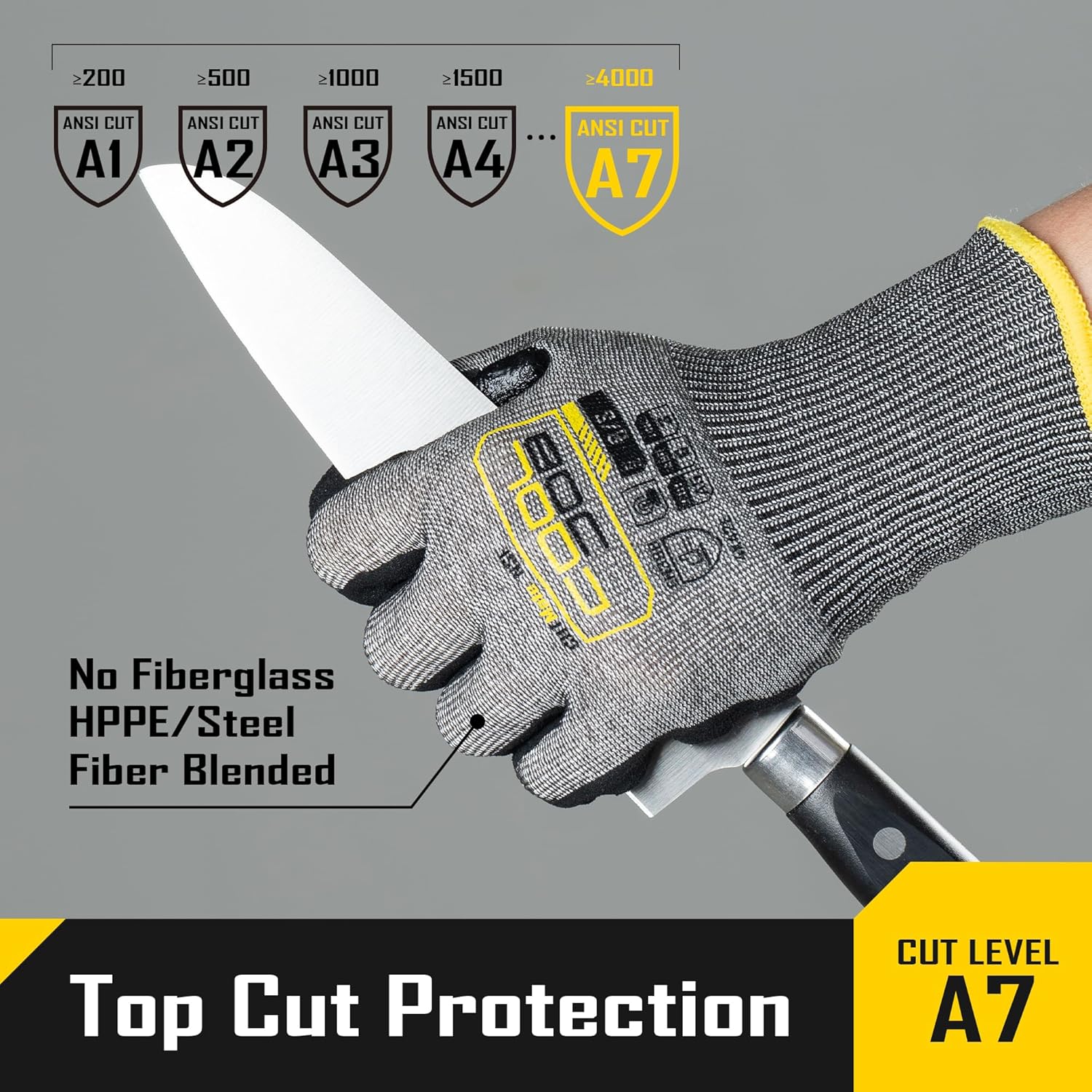 COOLJOB ANSI A7 Cut Resistant Gloves, Cut Proof Work Gloves with Grip, Touchscreen, for Men and Women, Used for Construction, Warehouse, Glass Handling, Wood Work, Grey Large, 12 Pairs