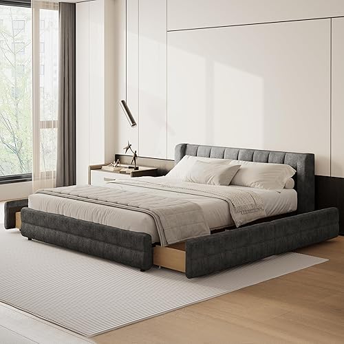 Miniatura 18 de DEINPPA Bastidor de cama tamaño Queen con 4 cajones de almacenamiento y cabecera suave tipo nube, base de madera con tapizado de chenilla, no