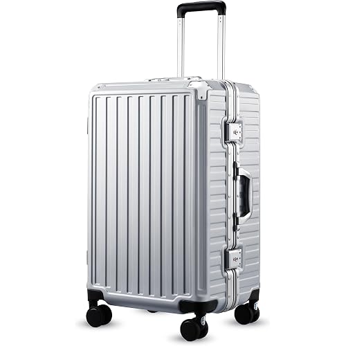 Checked Luggage with Spinner Wheels, 8010S Aluminum Frame Zipperless Polycarbonate Hard Shell Suitcase (ZX-Core, Silver, 24 Inch)