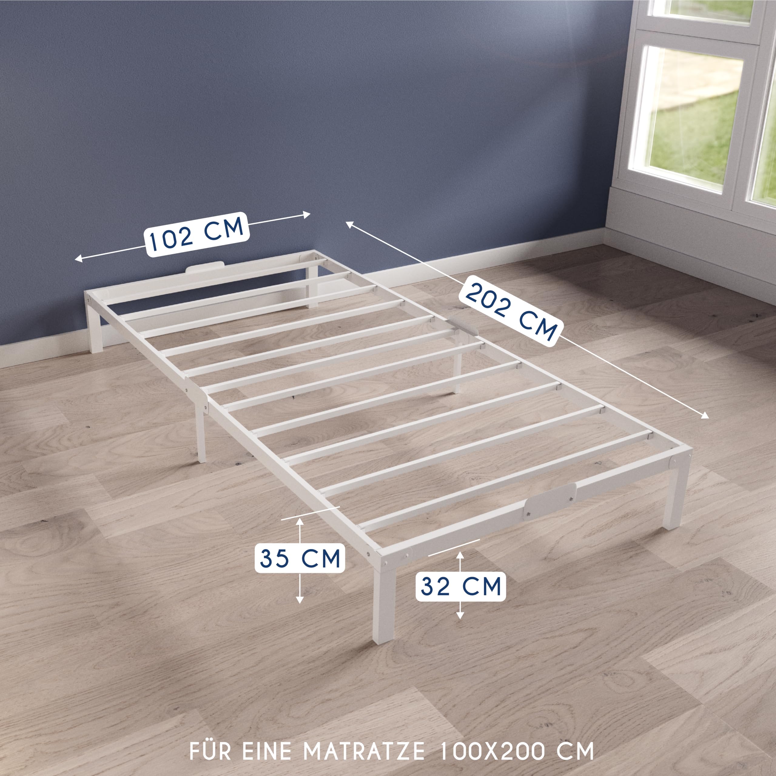 Dreamzie Bett 100x200 mit Lattenrost aus Metall - Seniorenbett 100x200 für Matratze Einzelbett, Höche 35 cm - Großer Stauraum, Leicht zu Montieren und Stabil - Weiß Lattenrost