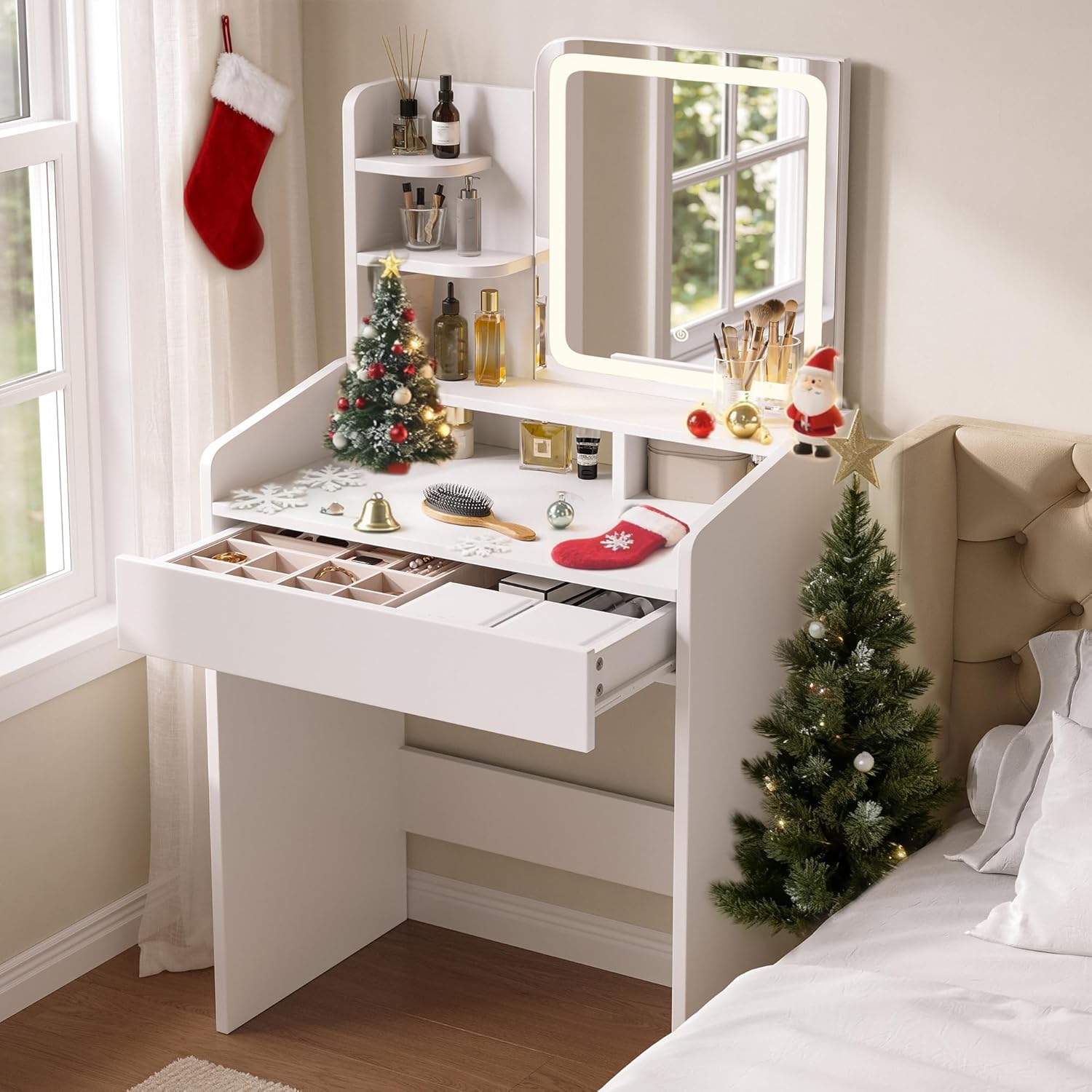 Dowinx Makeup Small Vanity Desk with Mirror and Lights, Makeup Vanity with Drawer & Storage Shelves, Makeup Desk with 3 Lighting Modes & Adjustable Brightness, Dressing Table for Women Girls Bedroom