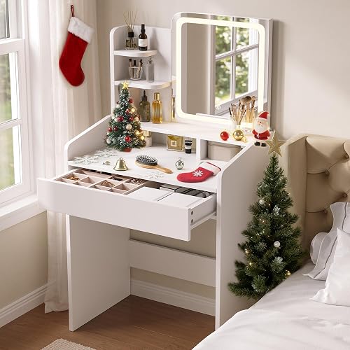 Dowinx Makeup Small Vanity Desk with Mirror and Lights, Makeup Vanity with Drawer & Storage Shelves, Makeup Desk with 3 Lighting Modes & Adjustable Brightness, Dressing Table for Women Girls Bedroom