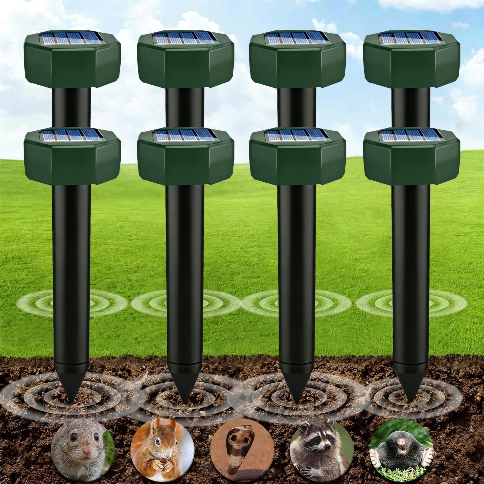 Solar Mole Repellent, 8 Pack Ultrasonic Solar Power Animals Repeller Waterproof for Outdoor Garden Lawn Yard Get Rid of Moles Voles Gophers Rats Rodents