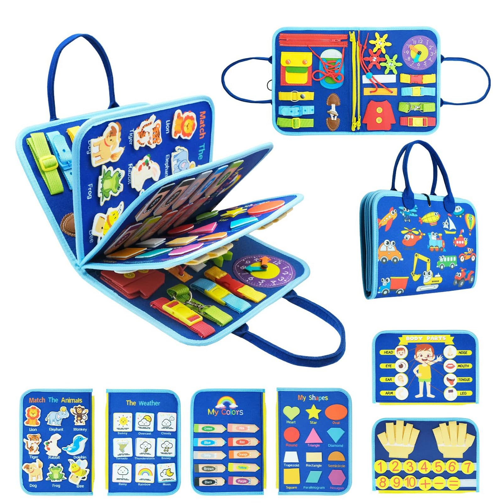 Meriviva Busy Board for Toddlers Baby Activity Book Sensory Board for Fine Motor Skills Toddler Travel Montessori Toys Busy Book for 1 2 3 Year Old (Blue)