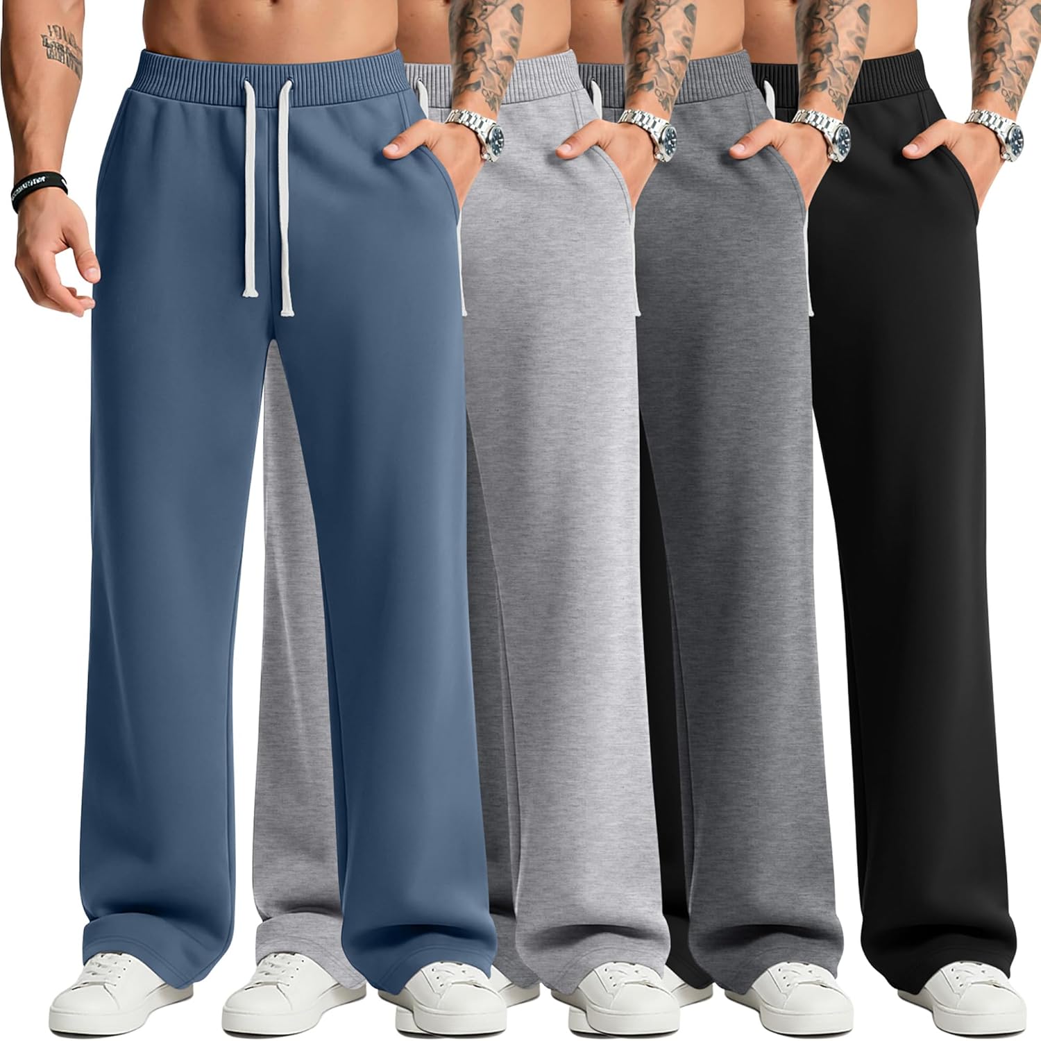 4 Pack Men's Sweatpants Drawstring Open Bottom Joggers with Pockets Elastic Waist Lounge Athletic Gym Pants