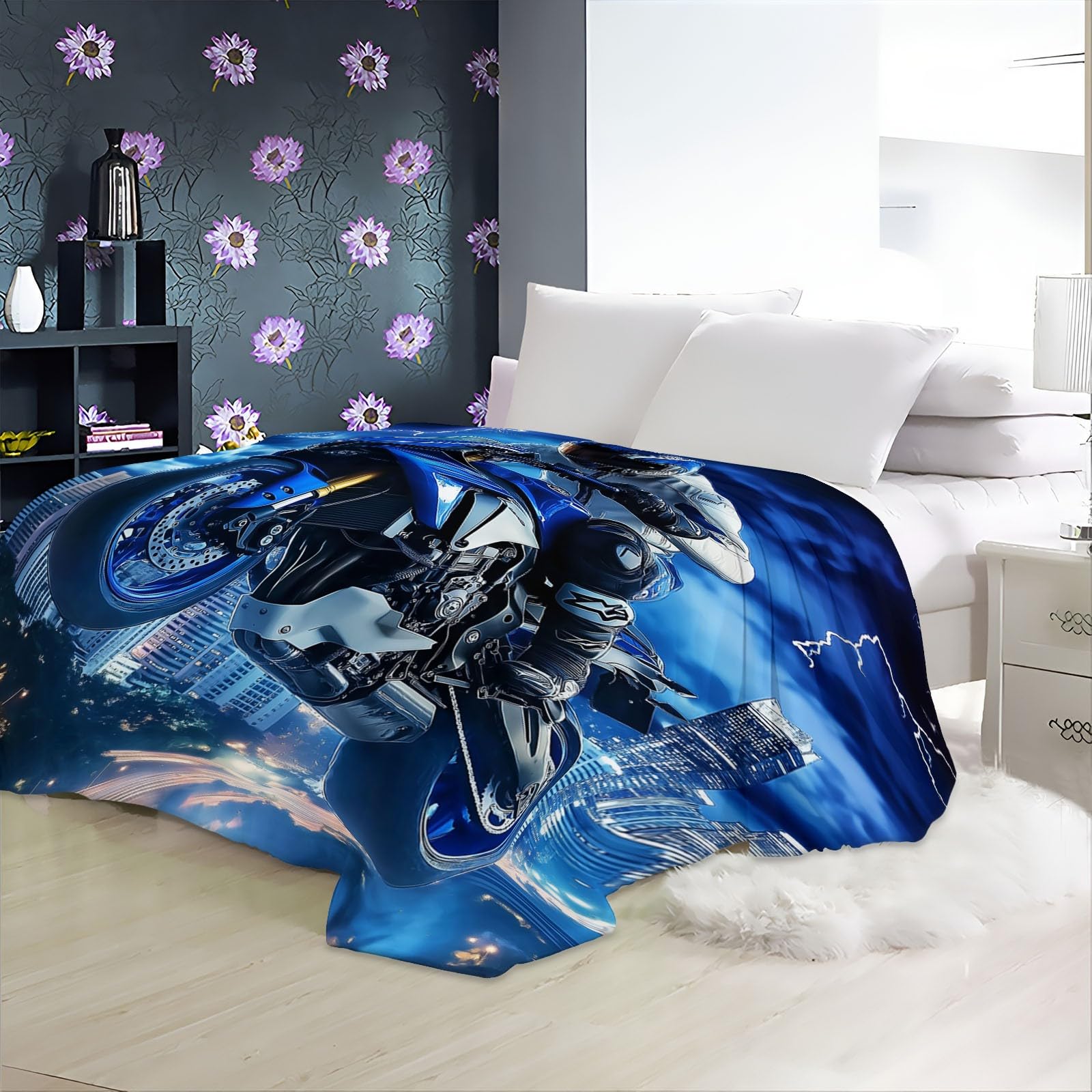 Fantazyjny koc polarowy miasto motocykl drukowany niebieski nadruk miękki puszysty flanelowy łóżko narzuta 220 x 240 cm sofa odpowiednia dla dorosłych i dzieci pozostań ciepły zima