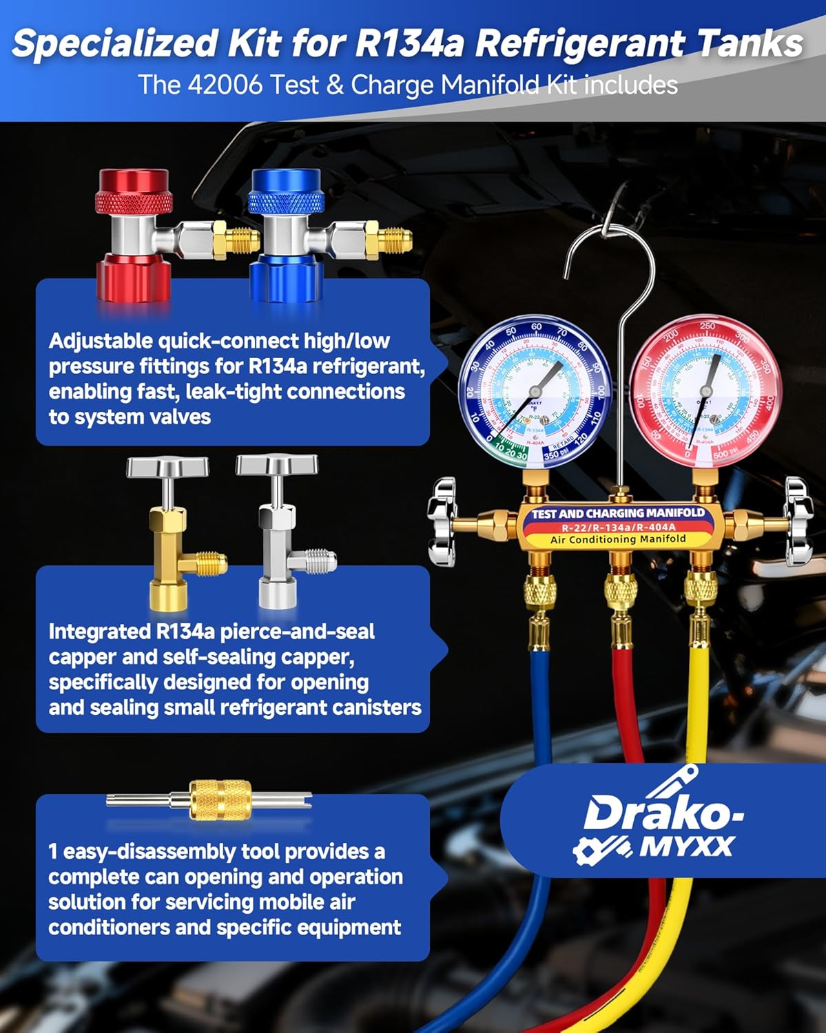 Upgraded New 42006 Test and Charge Manifold Set, with 3-1/8" (80 mm) Gauge, with 72" HVAC Hoses and Quick Coupler Adapters, 1/4" Standard Flared Fittings, Suitable for R-22/134A/404A, Toolbox