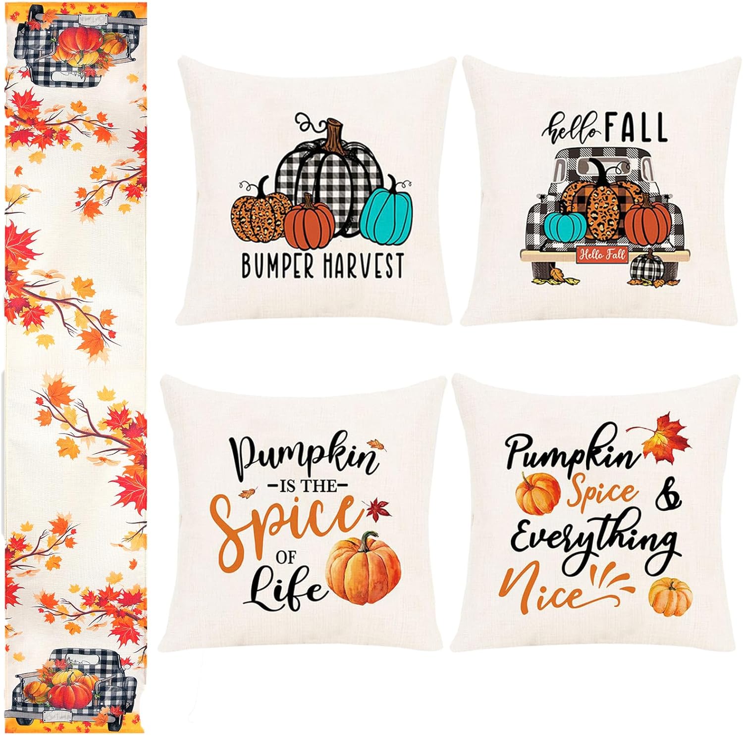 (pack of 2) Fall Decor Series Thanksgiving Set of 5 Decorations Set for Home - 4pcs Pillow Covers 18x18 inch & Table Runner- Decorations for Table - Gifts