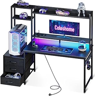 Coleshome Gaming Tisch mit Regal und Schubladen,120×48cm Gaming Schreibtisch mit LED-Beleuchtung & Steckdose, Computertisch mit Ablageflächen & Monitorständer, Carbon Fiber Schwarz