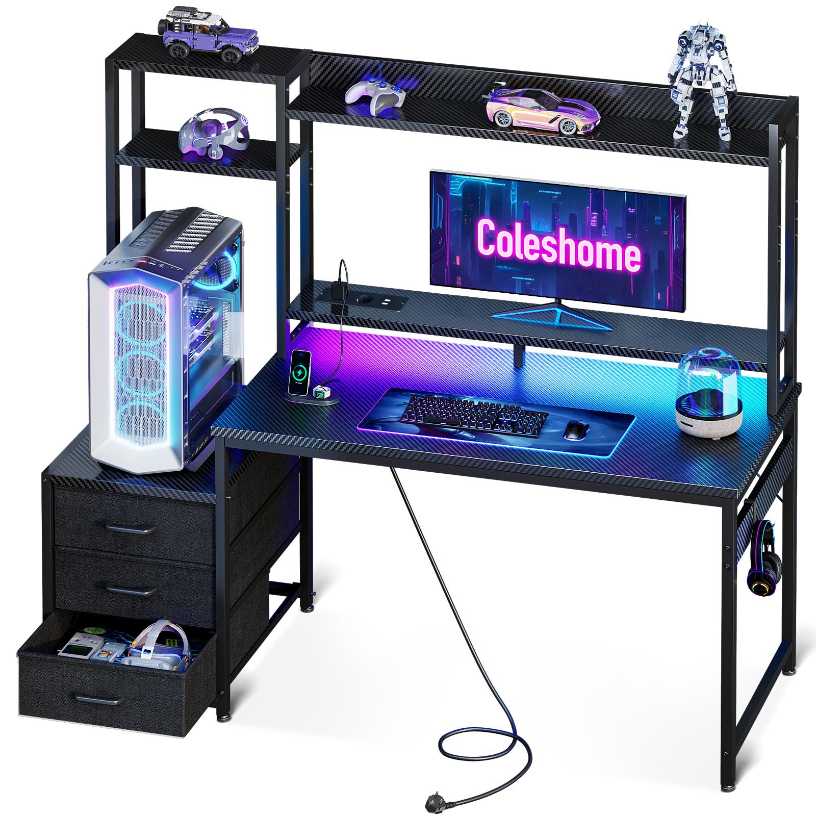 Coleshome Gaming Table with Shelf and Drawers, Gaming Table with LED Lighting & Power Sockets, PC Table with Storage Shelves (Black Carbon Fiber, 120x48cm) - 120x48cm - black carbon fibre