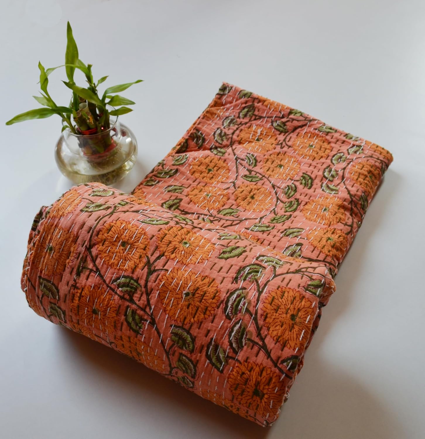 Ethnicfashville Indian Screen Floral Printed Kantha Blanket Cotton Kantha Bedspread Kantha Coverlet Throw Twin and Queen and California Size Quilt (California King)