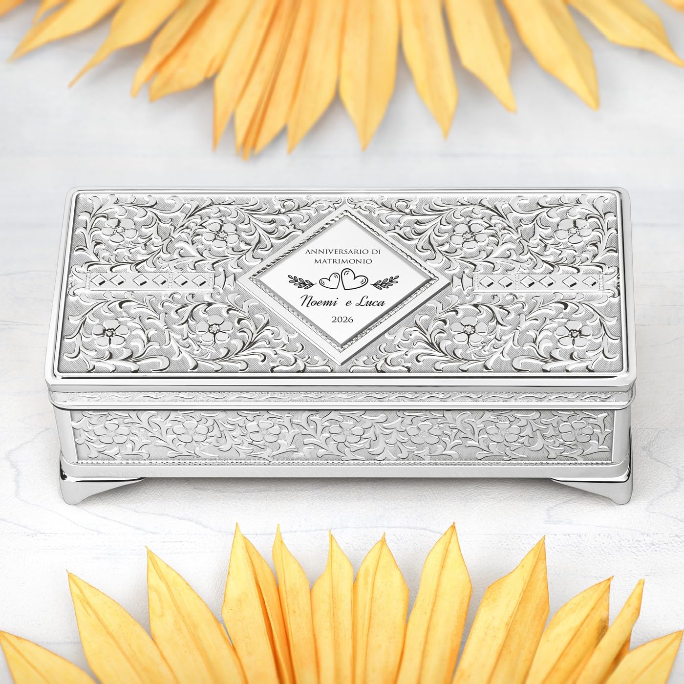 Maverton Portagioie in Acciaio Argentato Personalizzato | Porta Gioielli Rettangolare per Donna Coppia o Ragazza, 19x8.5x6.5 cm, Idea Regalo Donna Compleanno