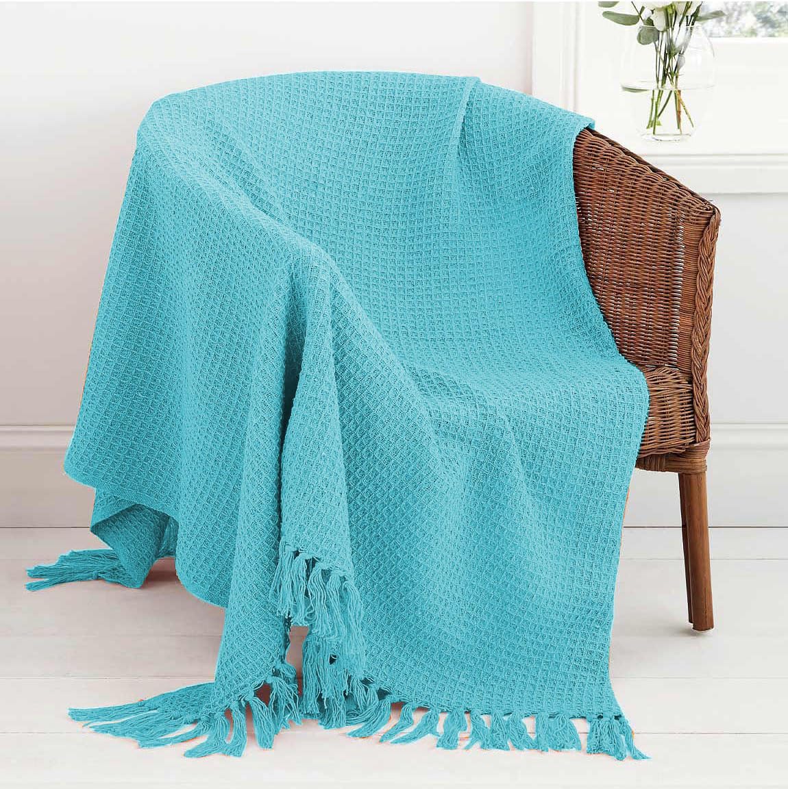 Mehar Bedding 100% Cotton Woven Honeycomb Plain Waffle Textured Chair Sofa Setee Bed Throw Tasselled Edge (TEAL, Double (229cms x 254cms)) โ image 1