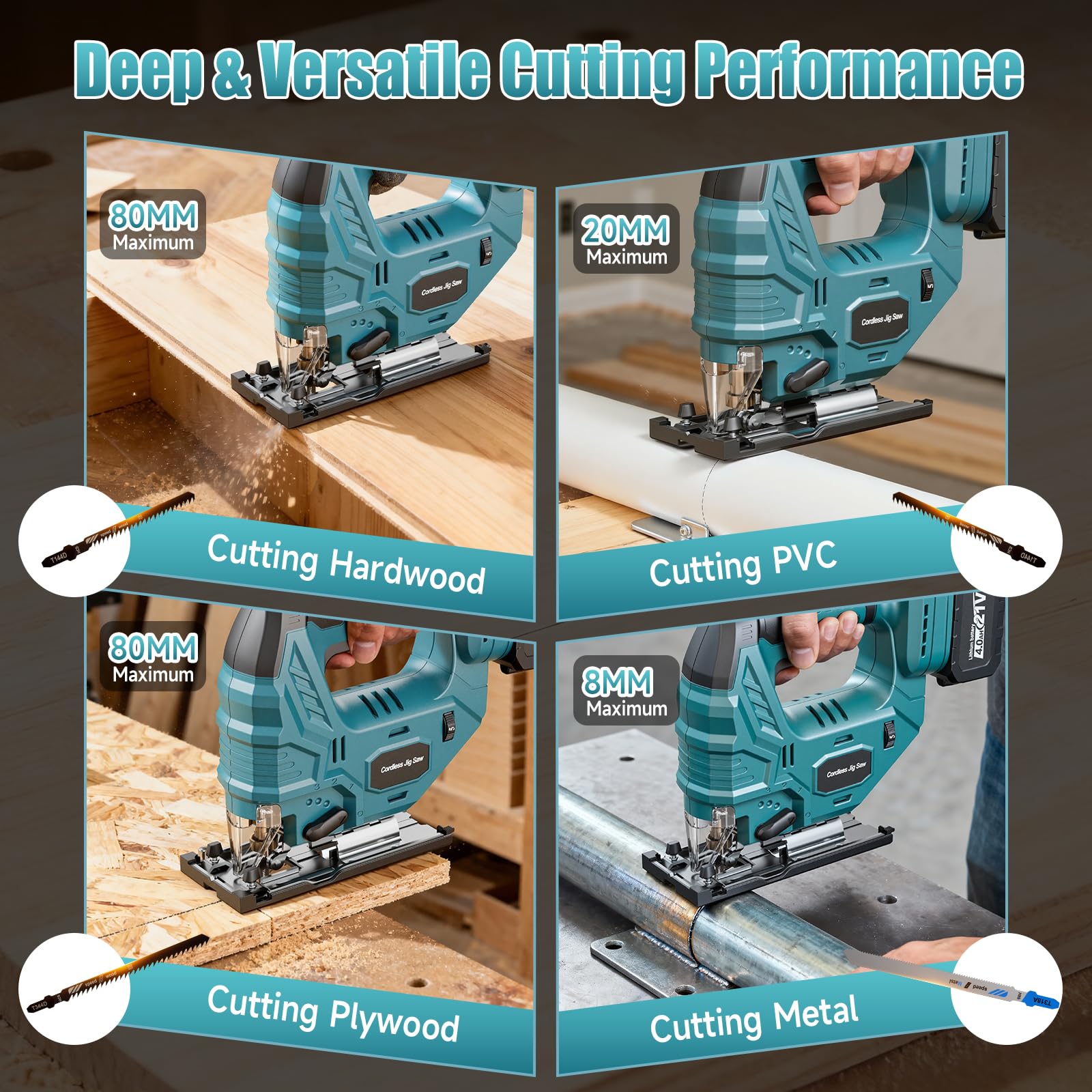 Yofuly Sierra de Calar Compatible con Baterías Makita de 18V, Caladoras para Madera con 2 Baterías de 4,0 Ah, 7 Velocidades Variables 3200SPM, Angulo de Corte de ±45°, 6 Hojas