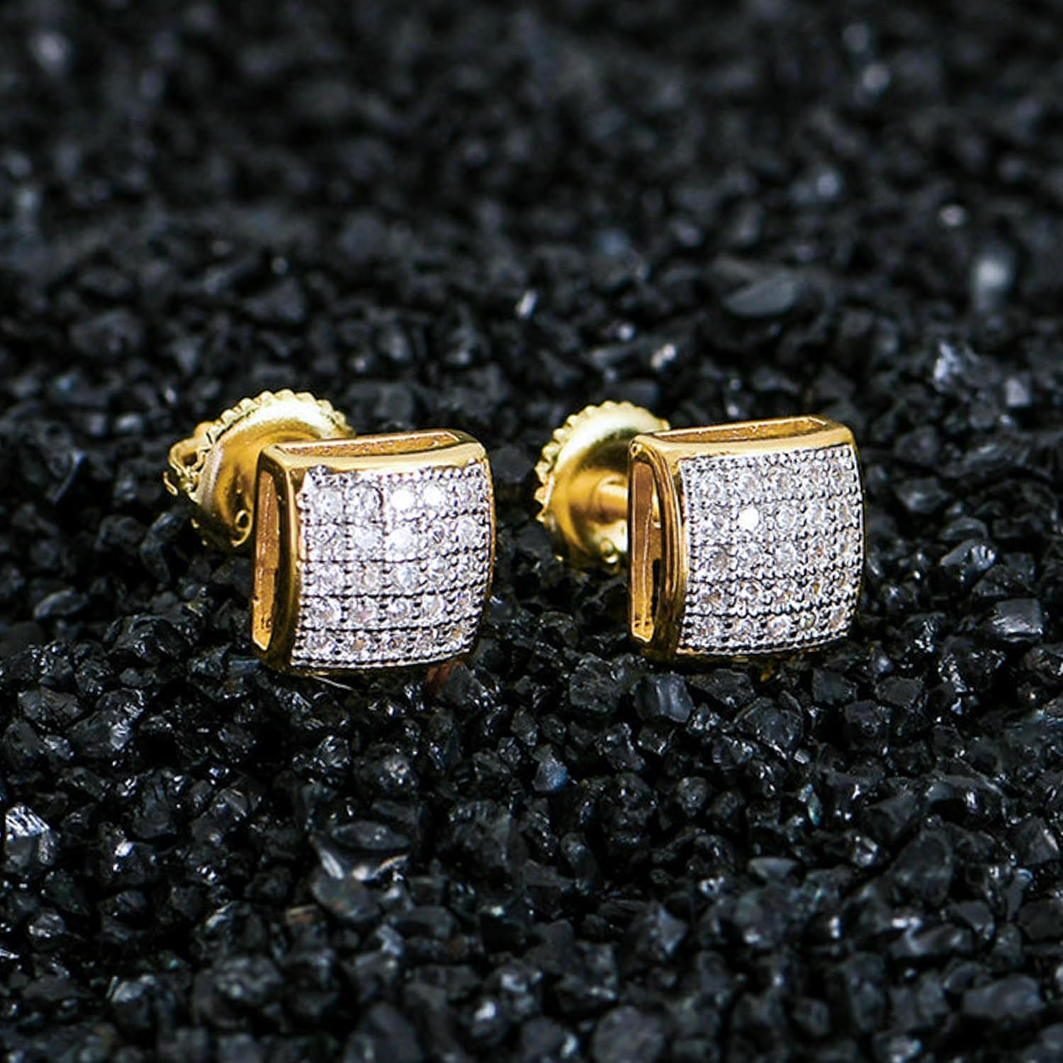 Mens Small 3D Square Iced 5A Cz Stone Two Tone 14K Yellow Gold Plated 925 Sterling Silver Screw Back Post Hypoallergenic Hip Hop Cubic Zirconia Earrings - Image 3