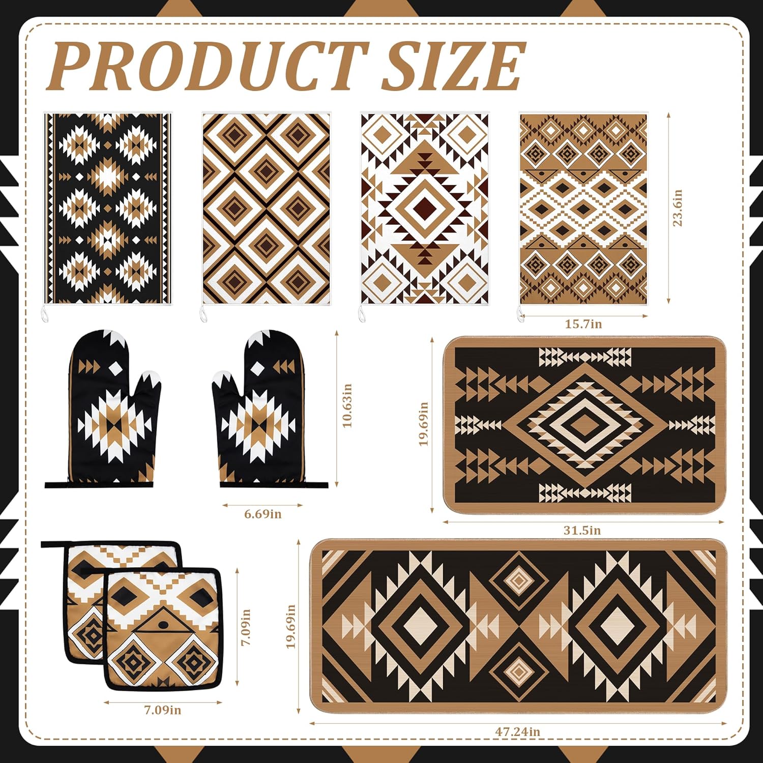 10 Pcs Western Aztec Kitchen Decor and Accessories Set 4 Kitchen Dish Towels 2 Pot Holders 2 Oven Mitts 2 Rugs for Floor Home Decorations Cooking Baking Mom Daughter Gifts Black White Brown - Image 2