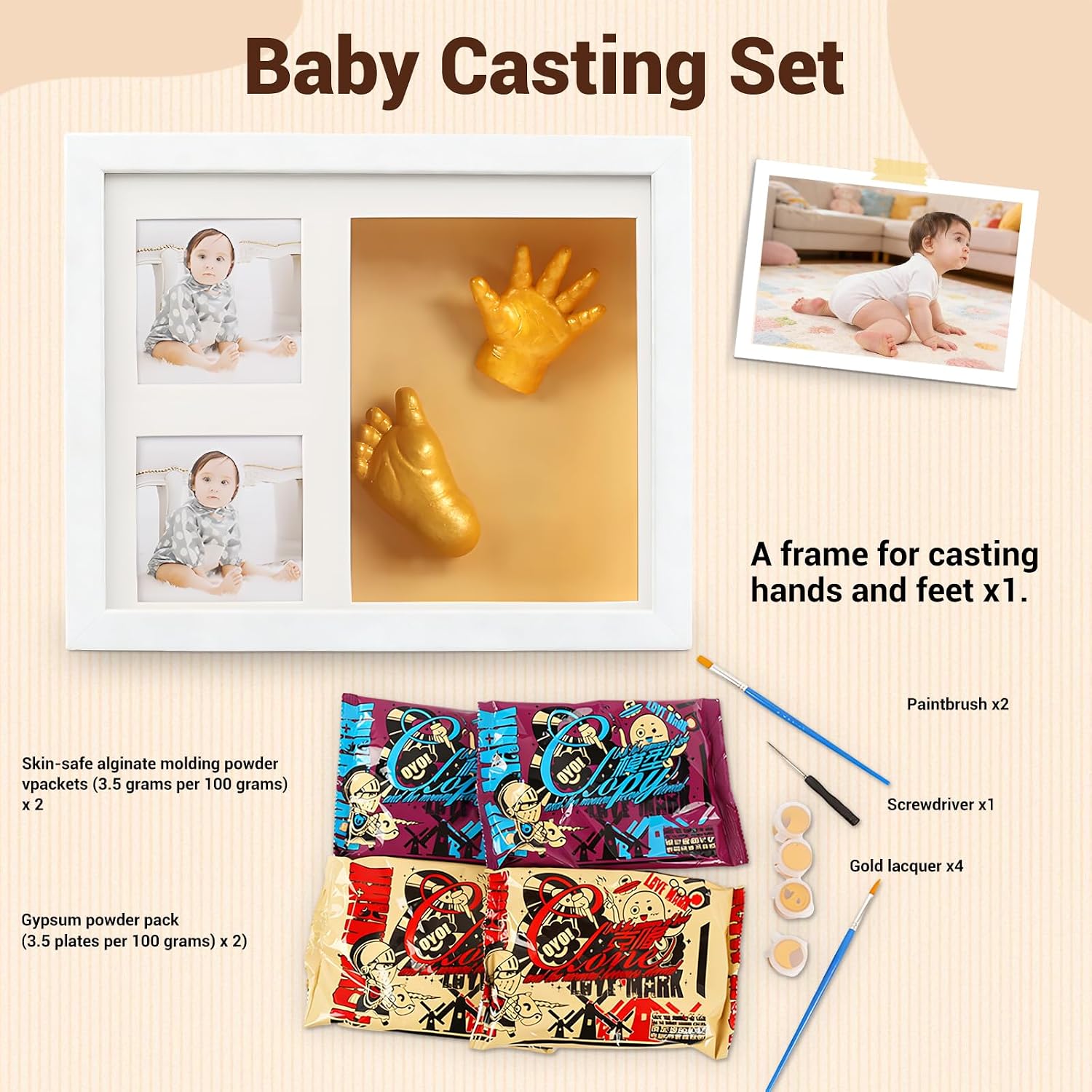 Baby Casting Kit Hand and Foot & Baby Picture Frame, 3D Three Grid Newborn Keepsake Personalized Photo Frame, Plaster Foot Mold Kit for New Mom Gifts First Birthday