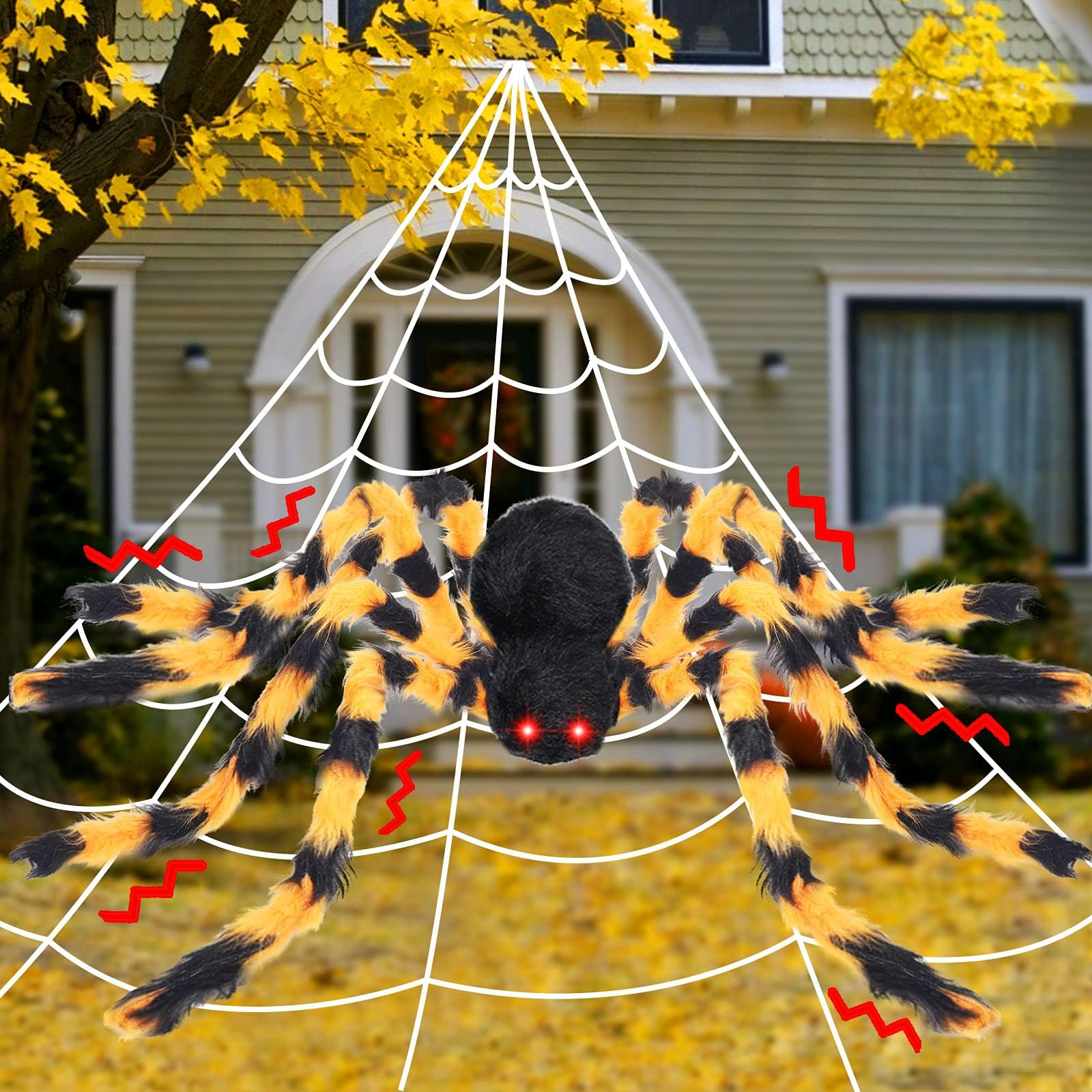 highydroLED 200" Halloween Spider Web + 55" Giant Spider with red LED Eyes Decorations for Indoor Outdoor Halloween Decorations Yard Home Costumes Parties Haunted House Décor