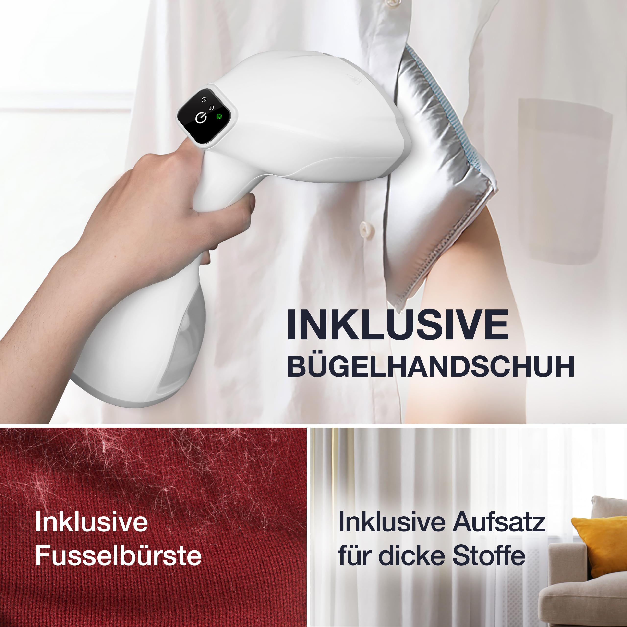 LEBENLANG Steamer Dampfglätter TESTSIEGER 1500W 300ml Bügelhandschuh Aufsätze Pro Dampfsteamer Kleidung Dampfbügeleisen Hand held steam iron Weiß
