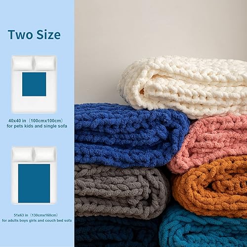 Miniatura 7 de Manta de punto trenzado grueso azul, de 51 x 63 pulgadas, suave, hecha a mano, con hilo de felpilla, para sofá, cama y sofá